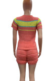 Pink Casual Stripe Draw String Patchwork O Neck Short Sleeve Two Pieces