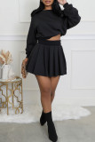 Apricot Casual Solid Color Pleated O Neck Long Sleeve Two Pieces