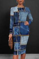 Dark Blue Casual Faux Denim Print Distressed Contrast O Neck Printed Dresses