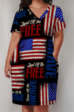 Black Casual American Flag Graffiti Print Stripe Pocket Contrast V Neck Printed Plus Size Dresses