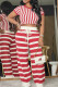 Red Casual Stripe Lace Up Patchwork O Neck Short Sleeve Two Pieces