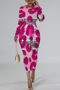Rose Red Casual Geometric Print Flowers Lips Contrast O Neck Printed Dresses