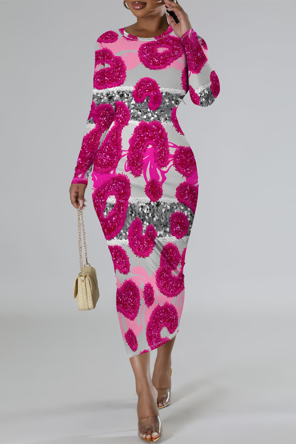 Rose Red Casual Geometric Print Flowers Lips Contrast O Neck Printed Dresses