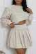 Apricot Casual Solid Color Pleated O Neck Long Sleeve Two Pieces