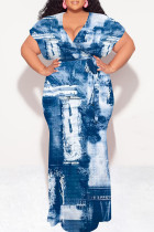 Baby Blue Sexy Faux Denim Print With Belt Contrast V Neck Printed Plus Size Dresses