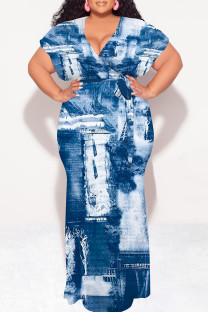 Baby Blue Sexy Faux Denim Print With Belt Contrast V Neck Printed Plus Size Dresses