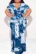 Baby Blue Sexy Faux Denim Print With Belt Contrast V Neck Printed Plus Size Dresses