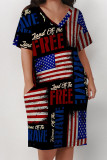 Black Casual American Flag Graffiti Print Stripe Pocket Contrast V Neck Printed Plus Size Dresses