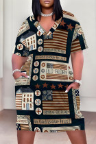 Black Casual American Flag Graffiti Print Stripe Pocket Contrast V Neck Printed Plus Size Dresses