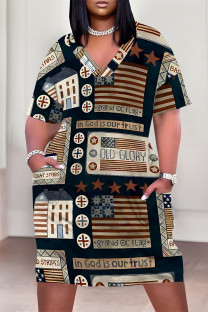 Black Casual American Flag Graffiti Print Stripe Pocket Contrast V Neck Printed Plus Size Dresses