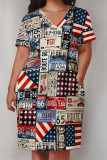 Black Casual American Flag Graffiti Print Stripe Pocket Contrast V Neck Printed Plus Size Dresses