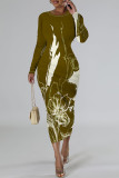 Green Casual Geometric Print Flowers Lips Contrast O Neck Printed Dresses