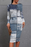 Baby Blue Casual Faux Denim Print Distressed Contrast O Neck Printed Dresses