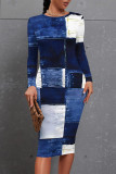 Baby Blue Casual Faux Denim Print Distressed Contrast O Neck Printed Dresses