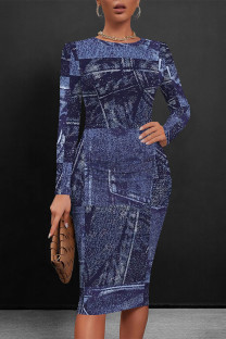 Blue Black Casual Faux Denim Print Distressed Contrast O Neck Printed Dresses