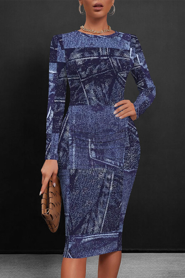 Blue Black Casual Faux Denim Print Distressed Contrast O Neck Printed Dresses