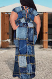 White Blue Sexy Faux Denim Print With Belt Contrast V Neck Printed Plus Size Dresses