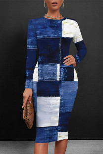 Blue White Casual Faux Denim Print Distressed Contrast O Neck Printed Dresses