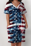 Black Casual American Flag Graffiti Print Stripe Pocket Contrast V Neck Printed Plus Size Dresses