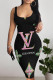 Black Sexy Letter Print Contrast U Neck Printed Dresses