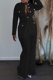Black Casual Solid Color Lace Strap Design Turndown Collar Long Sleeve Two Pieces