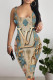 Blue Khaki Sexy Letter Print Contrast U Neck Printed Dresses