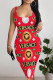 Red Sexy Figure Print Letters Contrast U Neck Printed Dresses