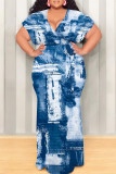 White Blue Sexy Faux Denim Print With Belt Contrast V Neck Printed Plus Size Dresses