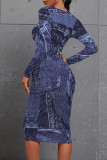 Baby Blue Casual Faux Denim Print Distressed Contrast O Neck Printed Dresses