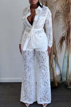 White Casual Solid Color Lace Strap Design Turndown Collar Long Sleeve Two Pieces