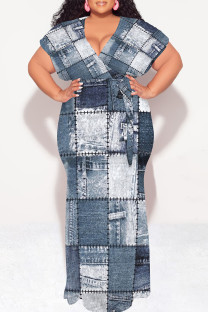 White Blue Sexy Faux Denim Print With Belt Contrast V Neck Printed Plus Size Dresses