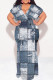 White Blue Sexy Faux Denim Print With Belt Contrast V Neck Printed Plus Size Dresses