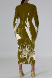Green Casual Geometric Print Flowers Lips Contrast O Neck Printed Dresses