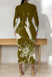 Green Casual Geometric Print Flowers Lips Contrast O Neck Printed Dresses