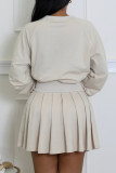 Apricot Casual Solid Color Pleated O Neck Long Sleeve Two Pieces