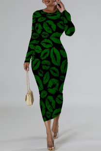 Green Casual Geometric Print Flowers Lips Contrast O Neck Printed Dresses