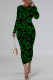 Green Casual Geometric Print Flowers Lips Contrast O Neck Printed Dresses