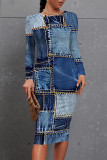 Baby Blue Casual Faux Denim Print Distressed Contrast O Neck Printed Dresses
