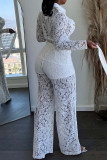 White Casual Solid Color Lace Strap Design Turndown Collar Long Sleeve Two Pieces
