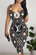Black Gray Sexy Letter Print Contrast U Neck Printed Dresses