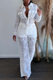 White Casual Solid Color Lace Strap Design Turndown Collar Long Sleeve Two Pieces