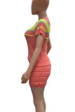 Pink Casual Stripe Draw String Patchwork O Neck Short Sleeve Two Pieces