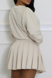 Apricot Casual Solid Color Pleated O Neck Long Sleeve Two Pieces