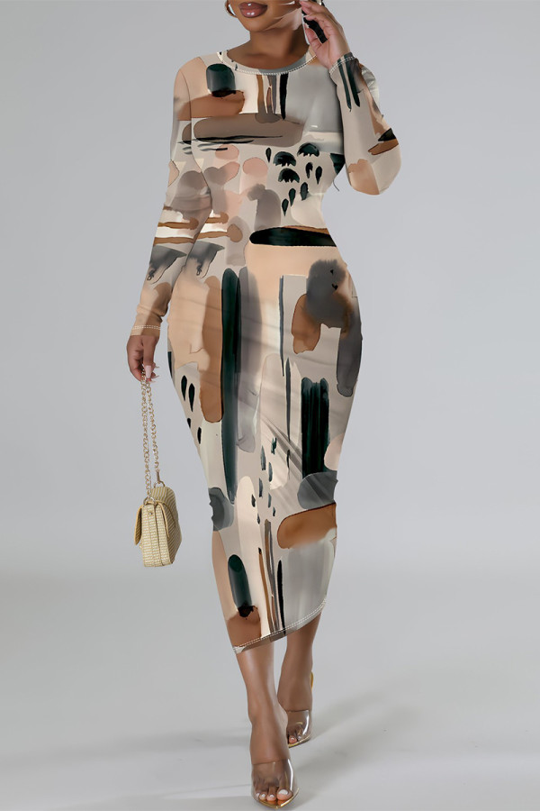 Beige Casual Geometric Print Flowers Lips Contrast O Neck Printed Dresses