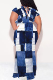 White Blue Sexy Faux Denim Print With Belt Contrast V Neck Printed Plus Size Dresses