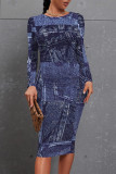 Baby Blue Casual Faux Denim Print Distressed Contrast O Neck Printed Dresses