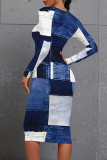 Baby Blue Casual Faux Denim Print Distressed Contrast O Neck Printed Dresses