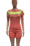 Pink Casual Stripe Draw String Patchwork O Neck Short Sleeve Two Pieces