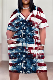 Stripe Casual American Flag Graffiti Print Stripe Pocket Contrast V Neck Printed Plus Size Dresses