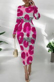 Green Casual Geometric Print Flowers Lips Contrast O Neck Printed Dresses